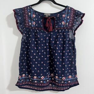 J. Crew Point Sur Blue Peasant Blouse Size S Flutter Sleeve Floral Top Bohemian